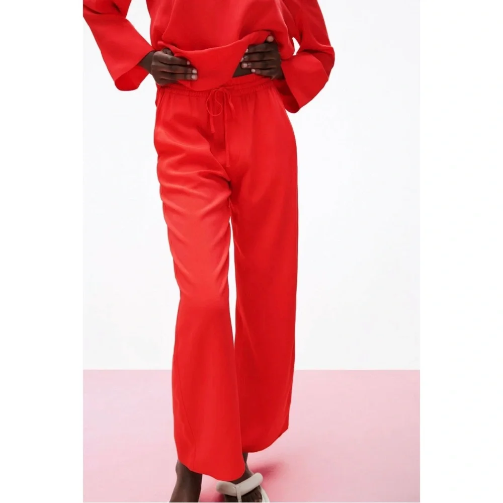 Zara Flowy Red Drawstring Pants Viscose/ Lyocell XL - Picture 3 of 11